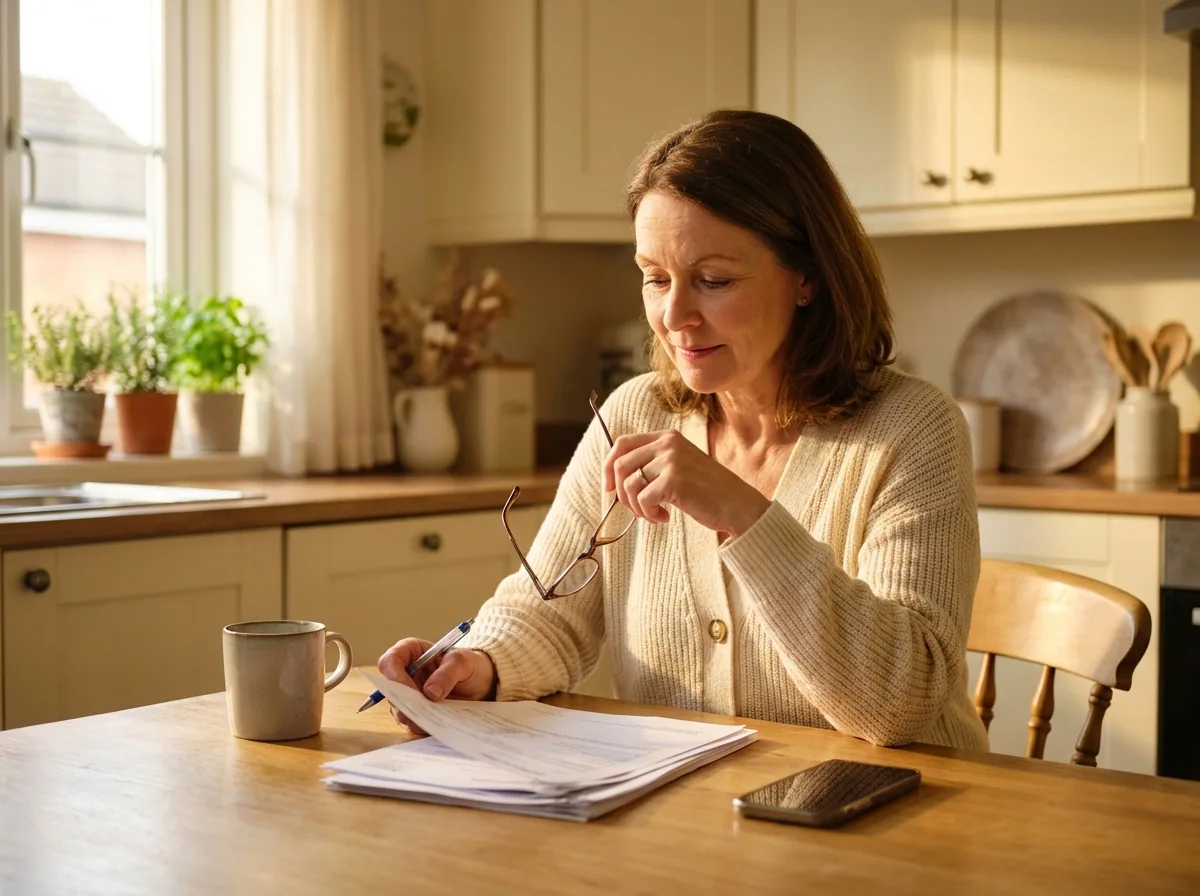 Patient reviewing medication assistance paperwork at home